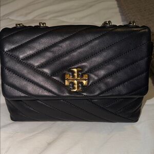 Tory Burch Black Quilted Chevron Shoulder Bag with Gold Logo